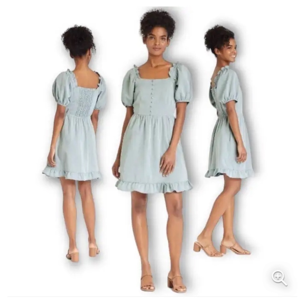 Who What Wear NWT Chambray Light Blue Twill Puff Sleeve Mini Dress Babydoll | XS